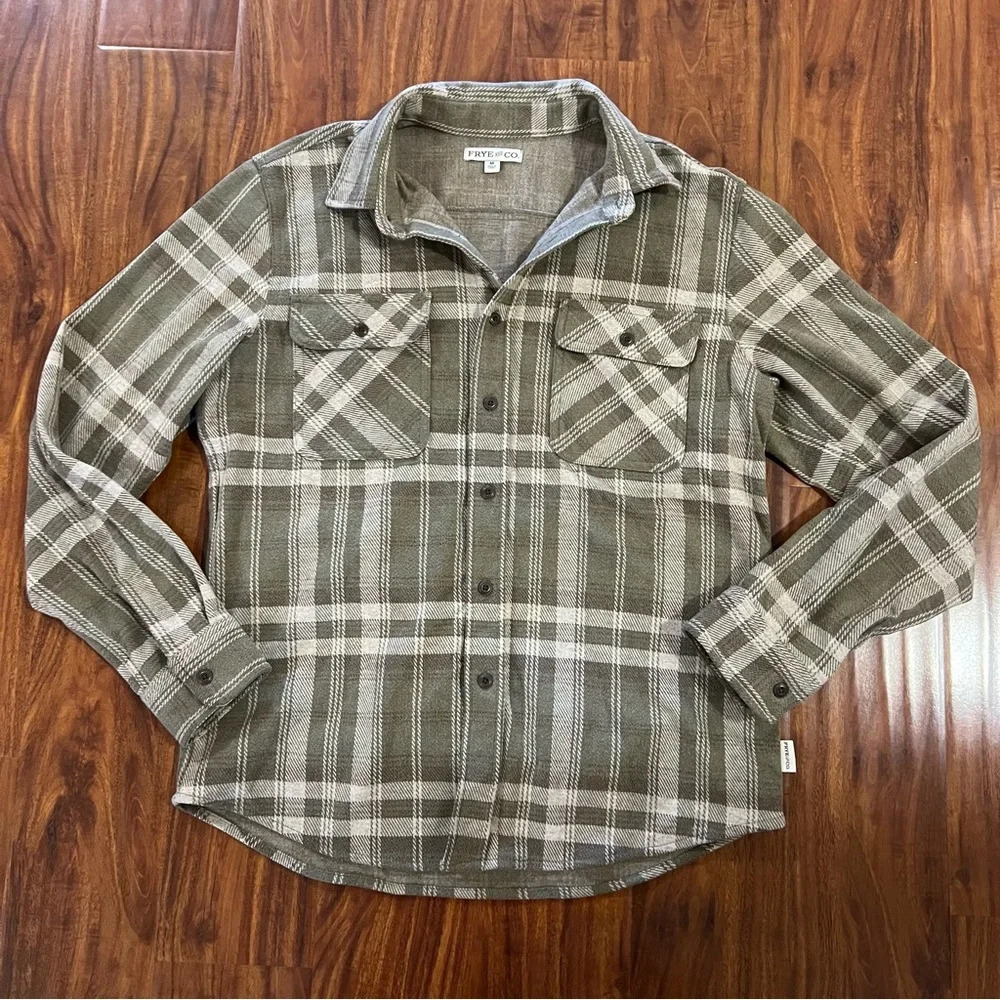Frye and Co Brushed Knit Flannel Shirt Long Sleeve mens size medium olive green